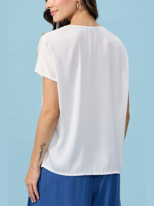 Passager Women's Blouse Short Sleeve with V Neckline White