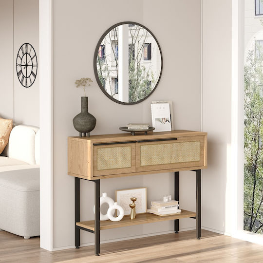 Fulham Console Table Wood & Metal with Mirror Natural/black L100xW29.5xH76cm