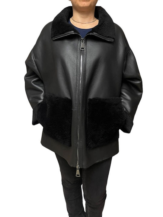 MARKOS LEATHER Women's Short Lifestyle Mouton Jacket for Winter Black