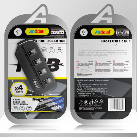 Andowl USB Hub 4 Ports USB 2.0 with USB-A Connection