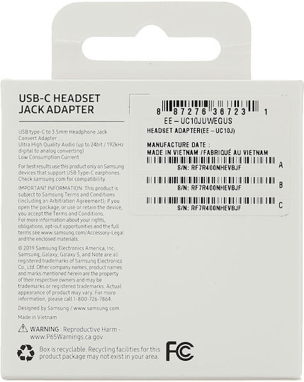 Samsung Μετατροπέας USB-C male σε 3.5mm female Λευκό 1τμχ EE-UC10JUWEGUS