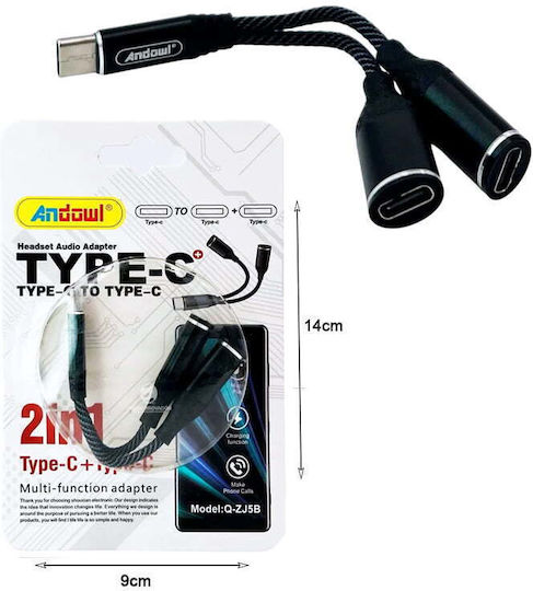 Andowl Q-ZJ5B Converter USB-C male to USB-C 2x female 1pcs