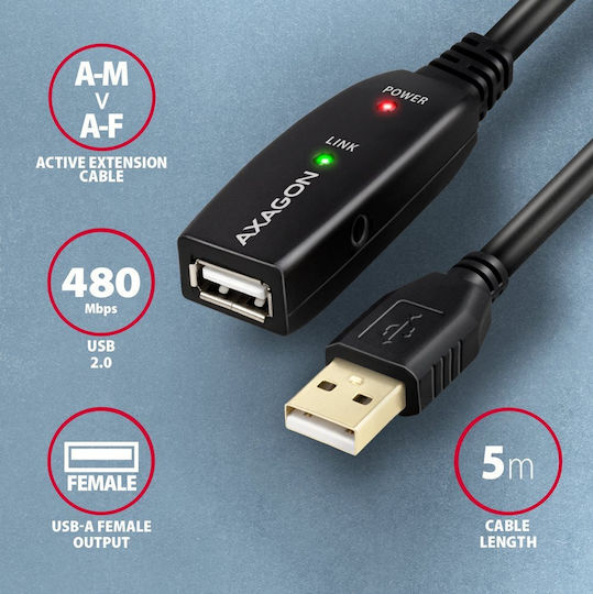 Axagon USB 2.0 Kabel USB-A-Stecker - USB-A-Buchse Schwarz 5m ADR-205