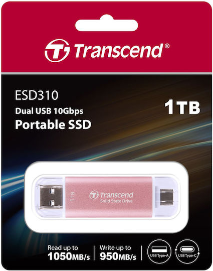 Transcend Esd310p 1.0TB USB 3.2 SSD Stick with connection USB-A & USB-C Pink