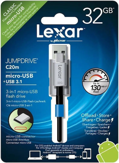 Lexar JumpDrive C20m 32GB USB 3.0 Stick cu conexiune USB-A & micro USB-B