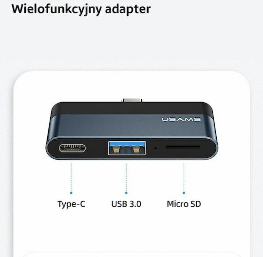 Usams USB 3.0 2-Port Hub with USB-C Connection Gray