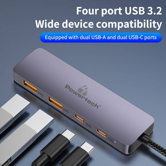 Powertech Hub 4 Θυρών USB 3.2 με σύνδεση USB-C Γκρι