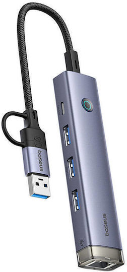 Baseus UltraJoy 4in1 USB Hub 4 USB 3.0 Ports with USB-A USB-C Ethernet Connection Gray