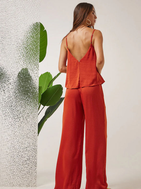 Enzzo Women's Satin Trousers with Elastic Orange