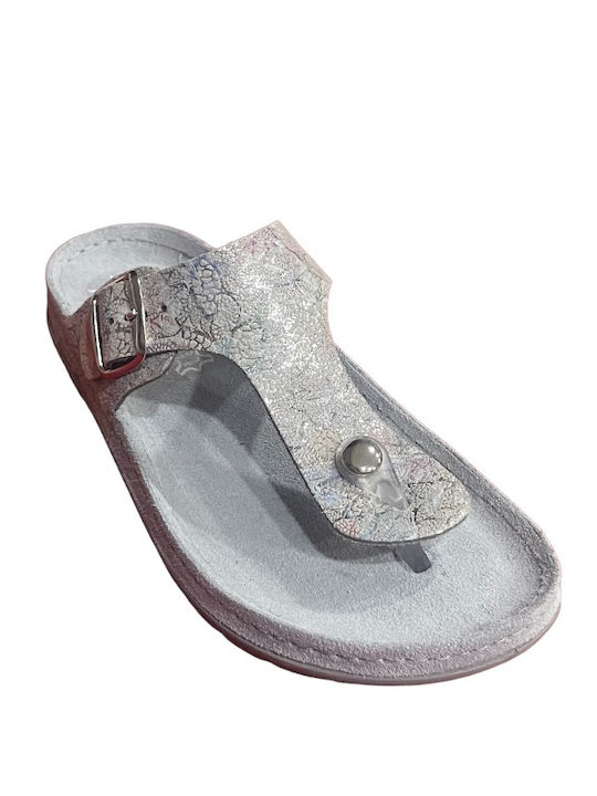 Sunny Sandals Leather Women's Flat Sandals Anatomic in Silver Color