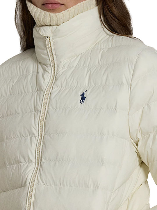 Women's Short Puffer Jacket Waterproof for Winter with Hood Off White