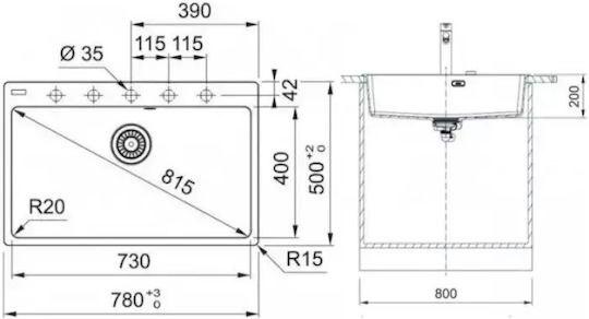Franke Centro 2.0 CNG 610/210-73 Ένθετος από Συνθετικό Γρανίτη Μ78xΠ50cm