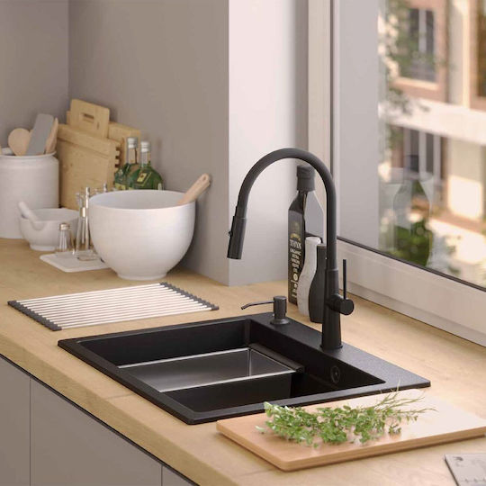 GraniteQ Quadron Kurt 110 Drop-In Küchenspüle aus Flüssiger Granit M59.5xB50cm Granite Schwarz