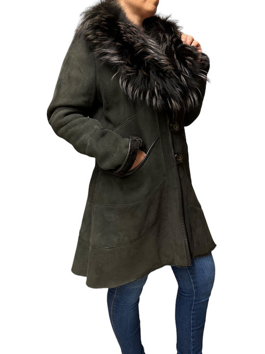 MARKOS LEATHER Women's Mouton Coat with Buttons and Fur Gray