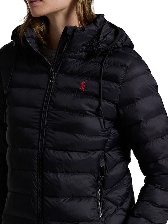 Ralph Lauren Women's Short Puffer Jacket Waterproof for Winter with Hood Black