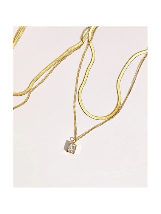 Necklace Double from Gold Plated Steel with Zircon