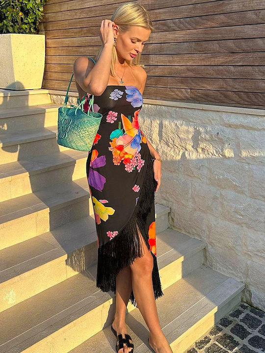 Φόρεμα Midi Strapless Floral Μαύρο Μαύρο