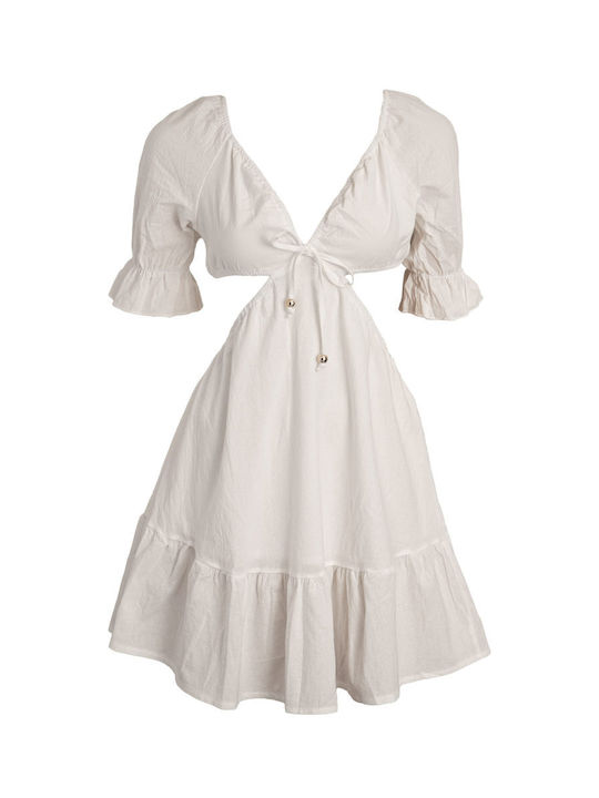 Mini Dress with Cut Out Details and Ruffles in White