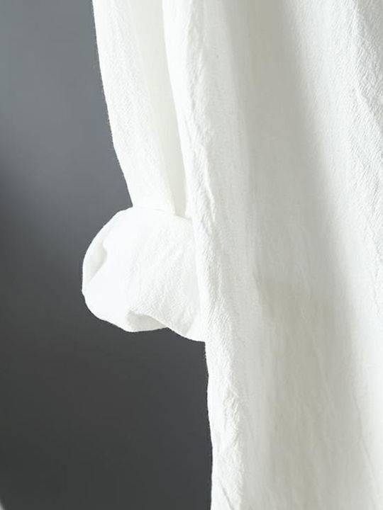 Oversized Linen Midi Shirt Dress White White