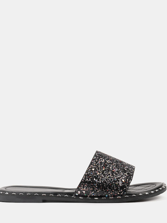 Sandale Casual Damă Flat Glitter Detalii Negru Negru