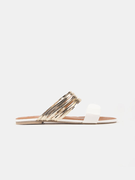 Women's Flat Sandals White with Gold Details