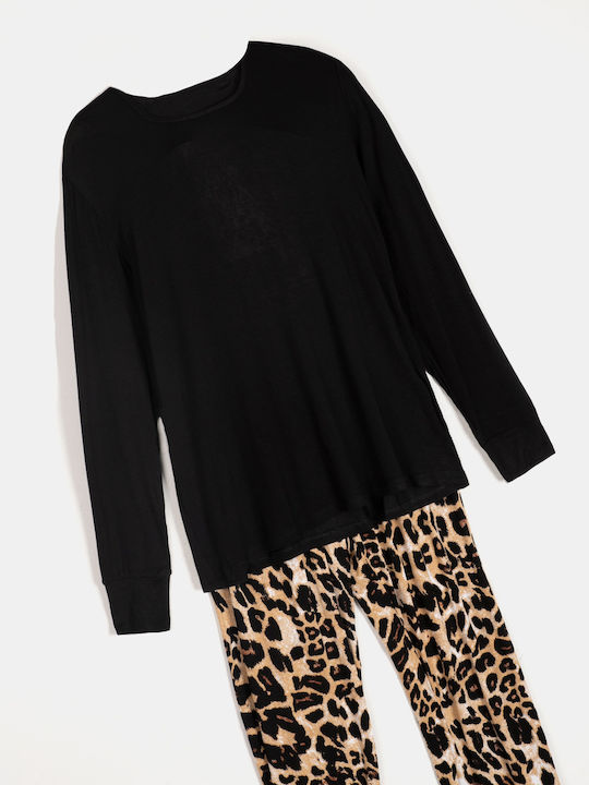 Schwarzes Pyjama-Set mit Leopardenmuster