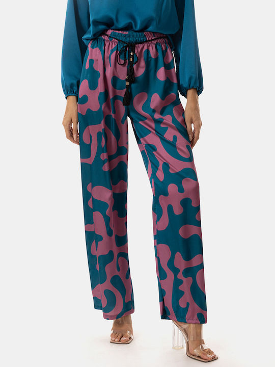 High-Waisted Satin Blue Printed Trousers