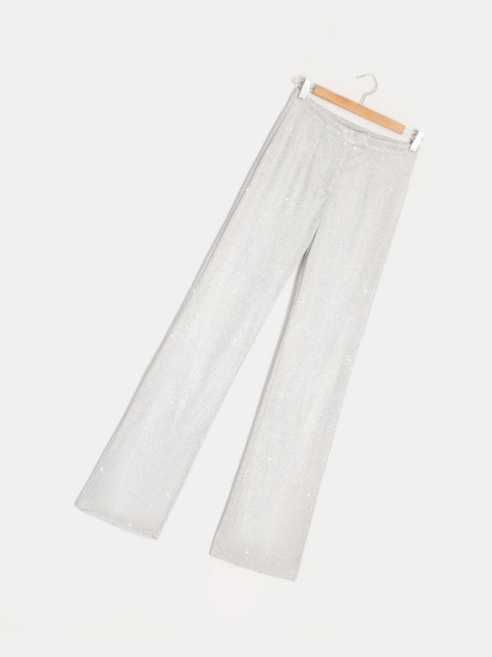 High-waisted Trousers with Glitter Effect Silver