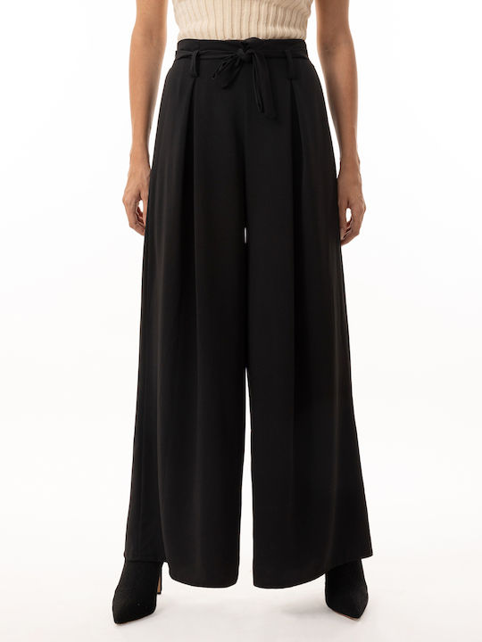 High-waisted Trousers with Pleats and Belt, Black Black