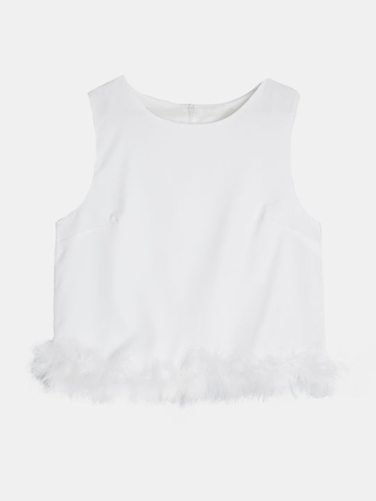 Sleeveless Top with Decorative Feathers White