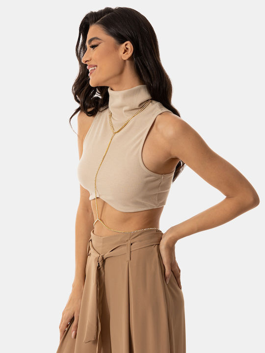 Crop Top Sleeveless Turtleneck Beige