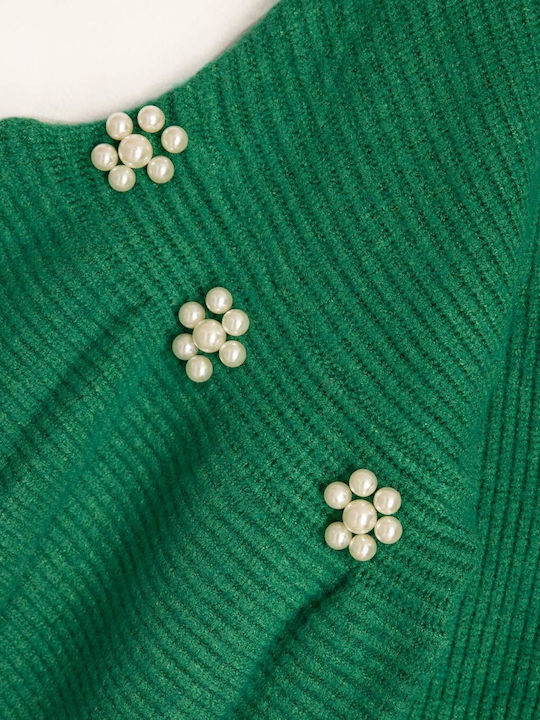 Kurzärmeliger grüner Perlenpullover