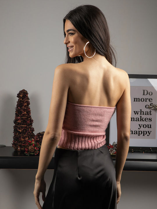 Bluze Damă Strapless Decorativ Metalic Roz