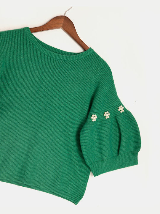 Kurzärmeliger grüner Perlenpullover