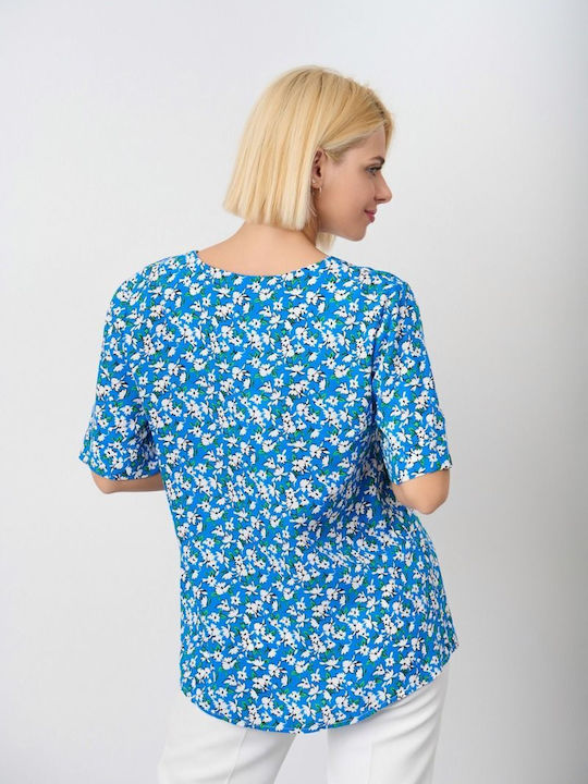 Fibes Damen Bluse Kurzärmelig mit V-Ausschnitt Blumen Blue