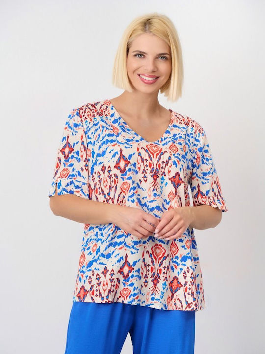 Fibes Women's Blouse Short Sleeve with V Neckline Blue