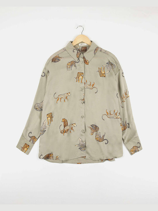 Satin-Leopardenmuster-Shirt Khaki