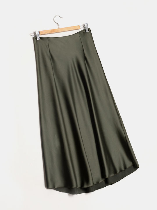Midi A-line Satin Skirt Khaki Khaki