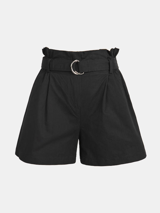High-Waisted Black Paperbag Denim Shorts
