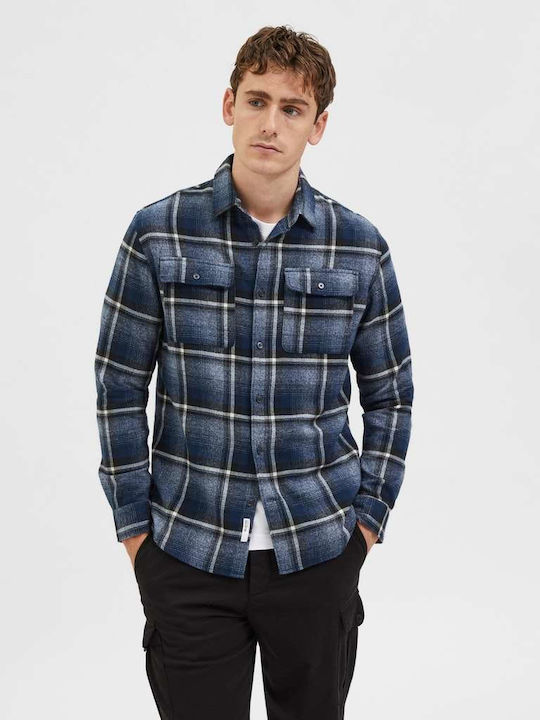 Selected Men's Shirt Cotton Checked Sky Captain