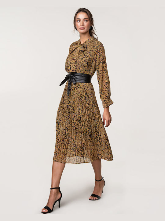 Midi Pleated Printed Brown Dress