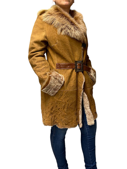 MARKOS LEATHER Women's Mouton Coat with Buttons and Fur Taba