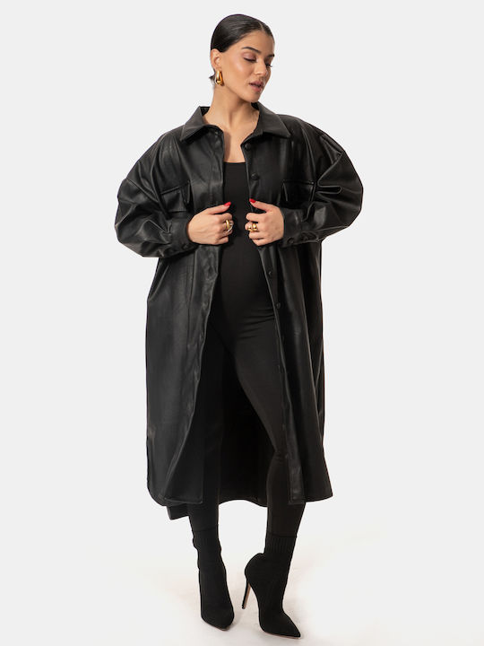 Long Black Faux Leather Overshirt