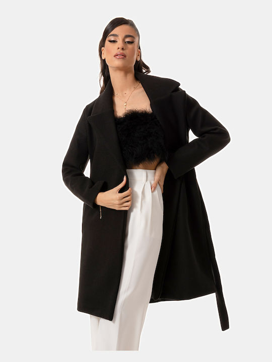 Wool Blend Belted Black Coat