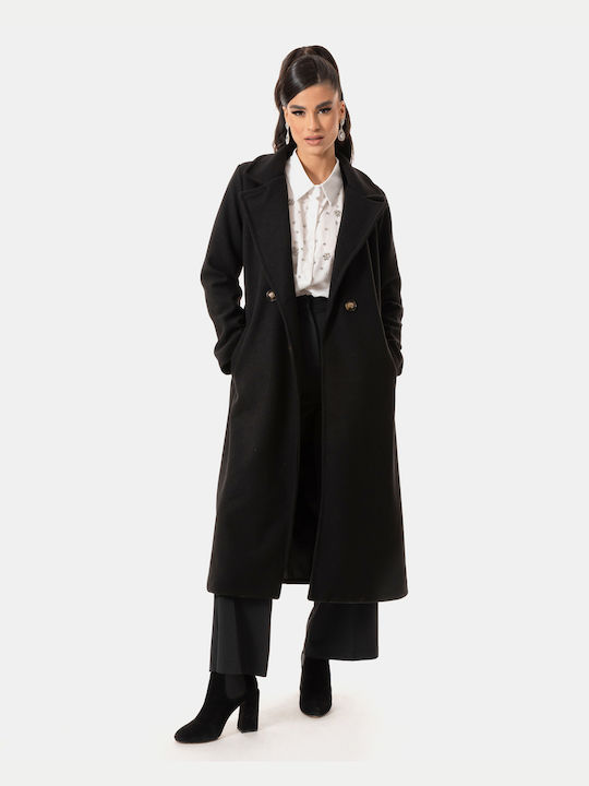 Long Coat with Wool Blend Belt Black Black