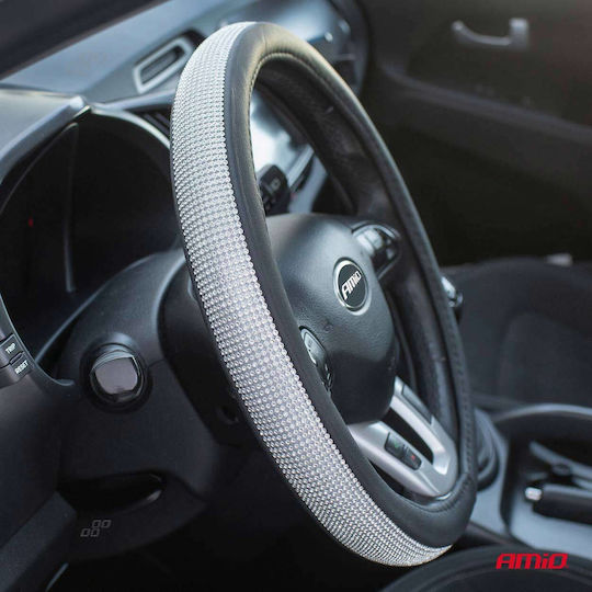 AMiO Car Steering Wheel Cover with Diameter 37-39cm Synthetic Black with Black Stitching