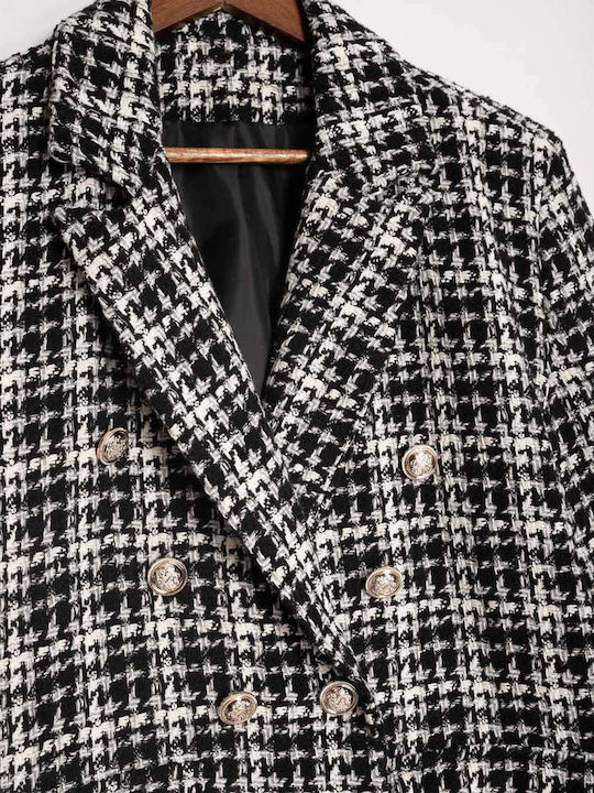 Black Plaid Blazer with Silver Buttons