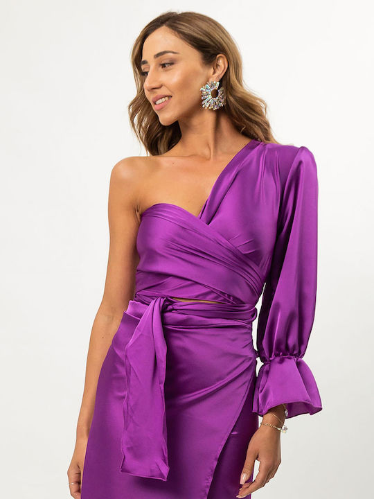 Rock Club Damen Bluse Satin mit einem Schulter Purple