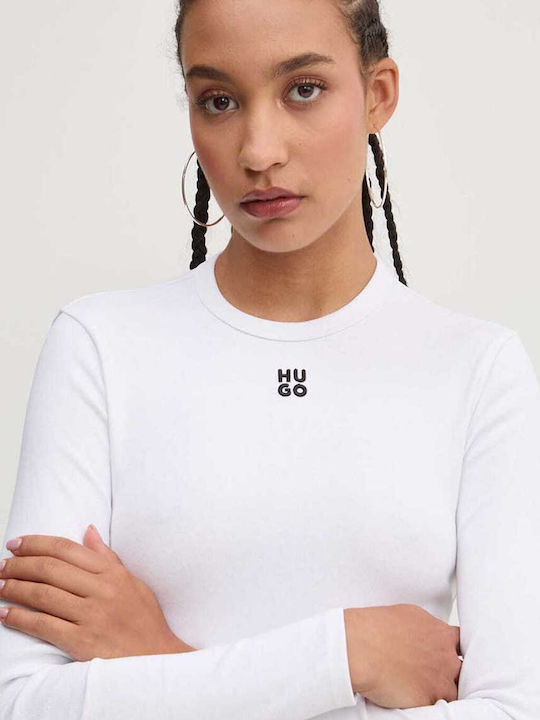 Hugo Boss Γυναικεία Μπλούζα Βαμβακερή Μακρυμάνικη Λευκή
