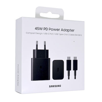 Samsung Φορτιστής με Θύρα USB-C και Καλώδιο USB-C - USB-C 45W Power Delivery Μαύρος (EP-TA4510XBEGEU EP-T4510XBEGWW)